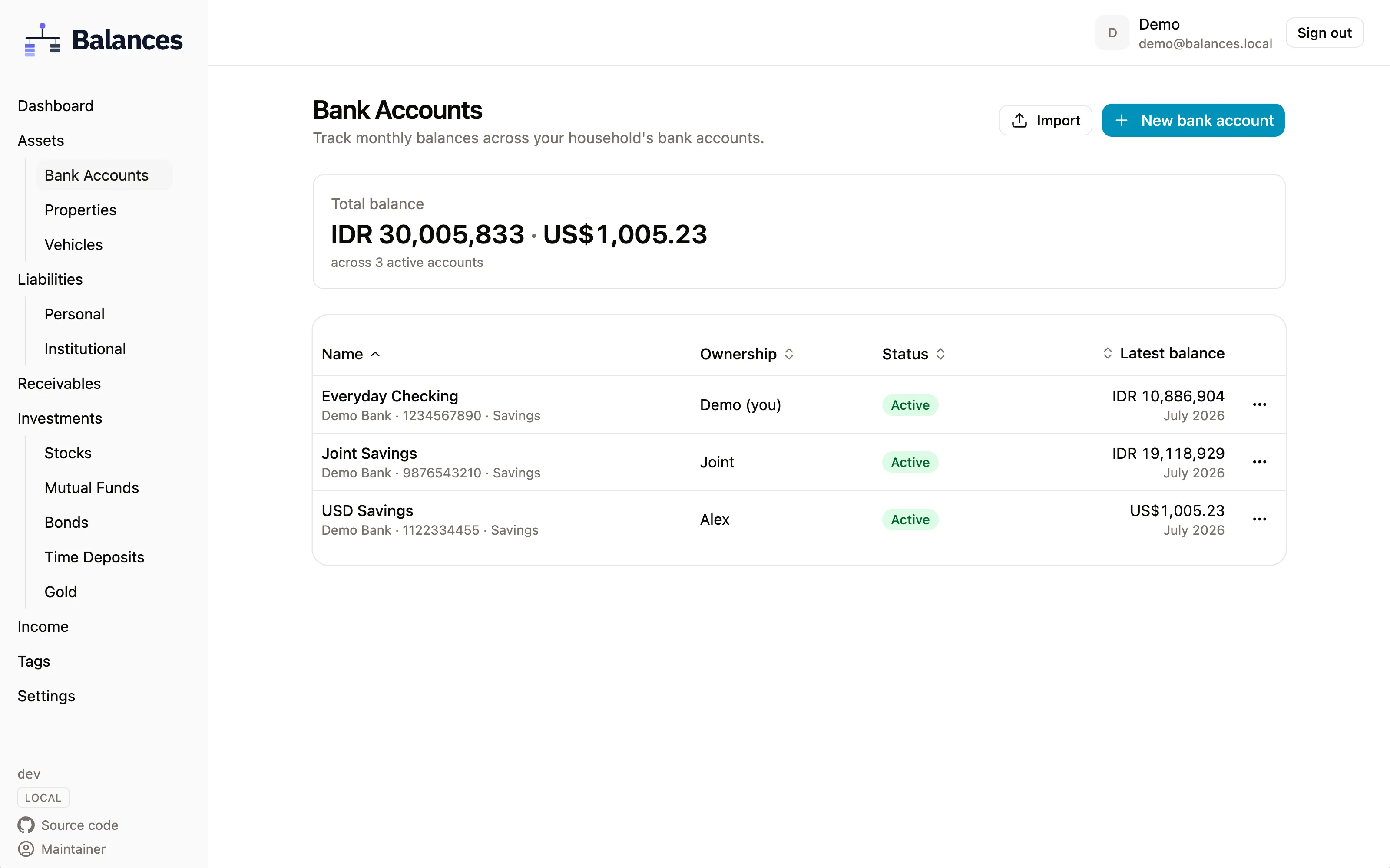 Bank-accounts position list in Balances, with all four position groups in the navigation