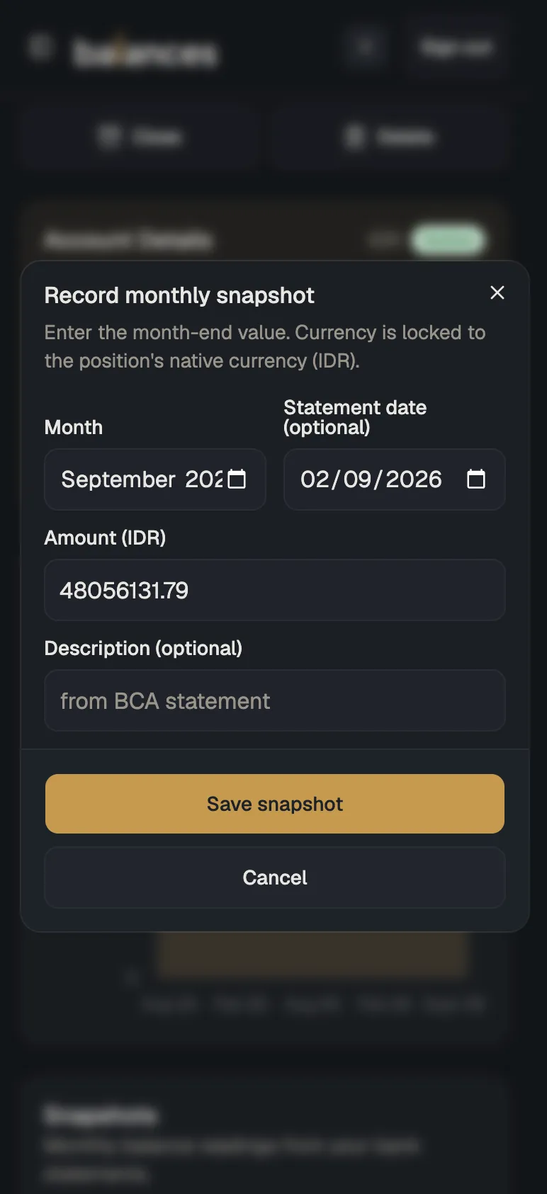 Entering a month-end balance in Balances on a phone